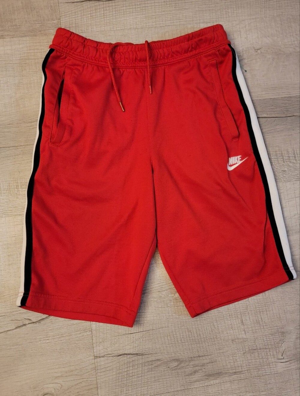 Nike Men’s Red Athletic Shorts with Black and White Side Stripes